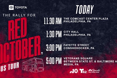 NBC 10, Phillies Rally for Red October Bus Tour to Stop on Fayette Street Today at 3 p.m.